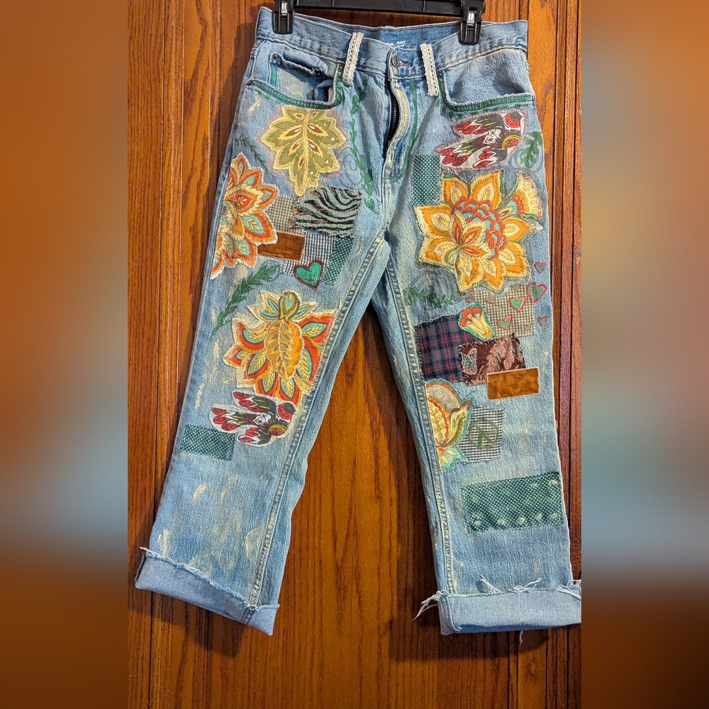 OAK Hand Sewn Artist Jeans. Recycled Old Navy Denim With Vintage Fabric